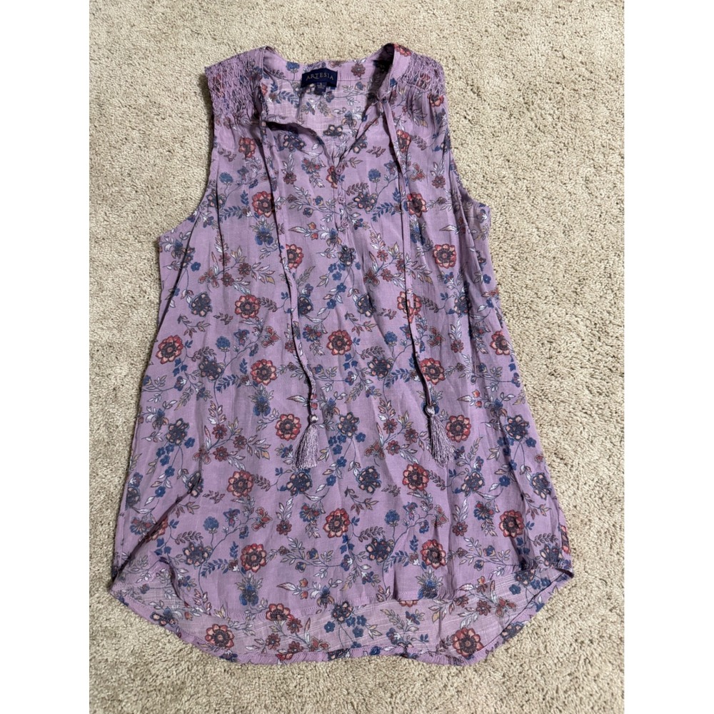 Artesia Womens‎ Floral Sleeveless Blouse Purple Boho Tassel Tie Split Neck Small